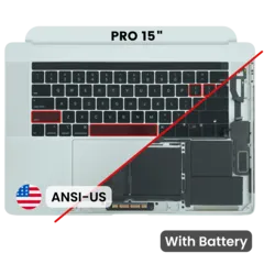 Top Case with Battery and Keyboard (ANSI US) For MacBook Pro 15" A1990 (2018-2019) (Used OEM Pull: Grade B/C) (Silver)