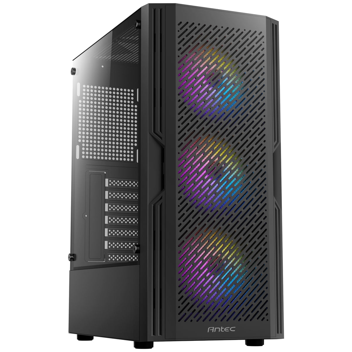Antec AX20 Case, Black, Mid Tower, 1 x USB 3.0 / 2 x USB 2.0, Tempered Glass Side Window Panel, Slanted Bar & Mesh Design for Massive Airflow, 3 x Pre-Installed RGB LED Fans, ATX, Micro ATX, Mini-ITX Compatible