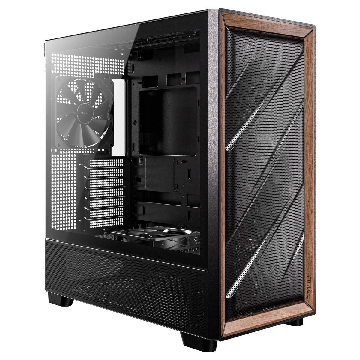 Antec FLUX Mid Tower Gaming Case, 1 x USB Type-C / 2 x USB 3.0, Tempered Glass Side Window Panel, Multi-directional Vent Design, Walnut Wood Accents, 5 x Pre-Installed PWM Fans, E-ATX (=330mm), ATX, Micro-ATX, ITX Compatible