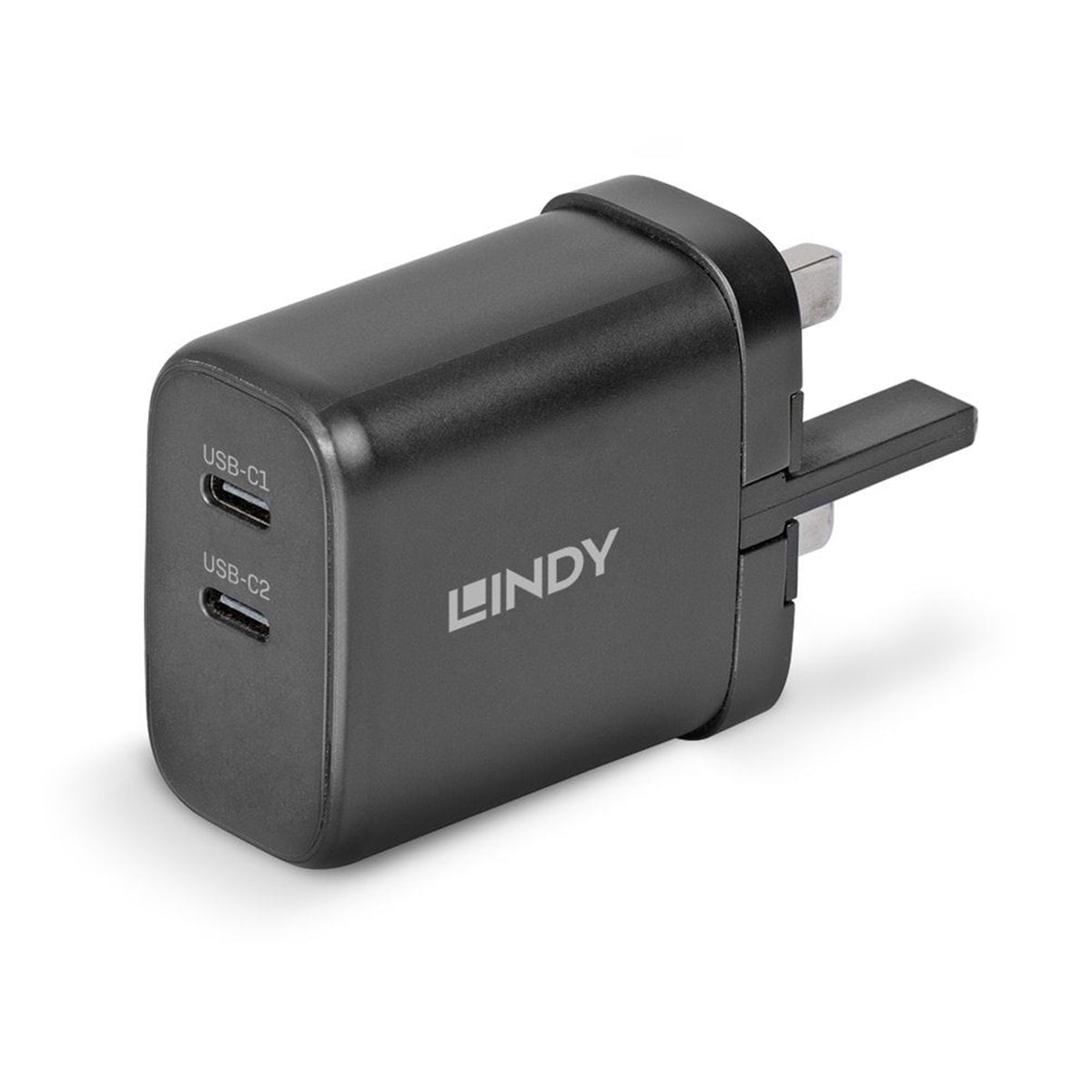 Lindy 65W USB 2 x Type C GaN Charger, Input UK Plug, Output 2 x USB Type C Female, Black