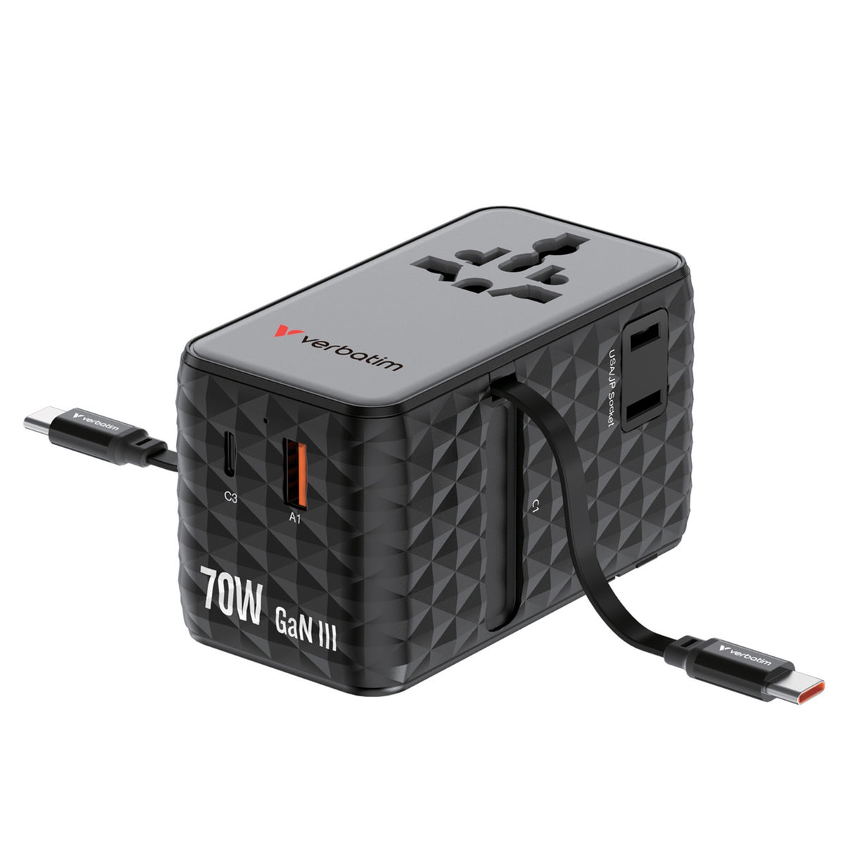 Verbatim Charge 'n' Travel 70W 2C Retractable Universal Travel Adapter Black, Fast Charging up to 70W