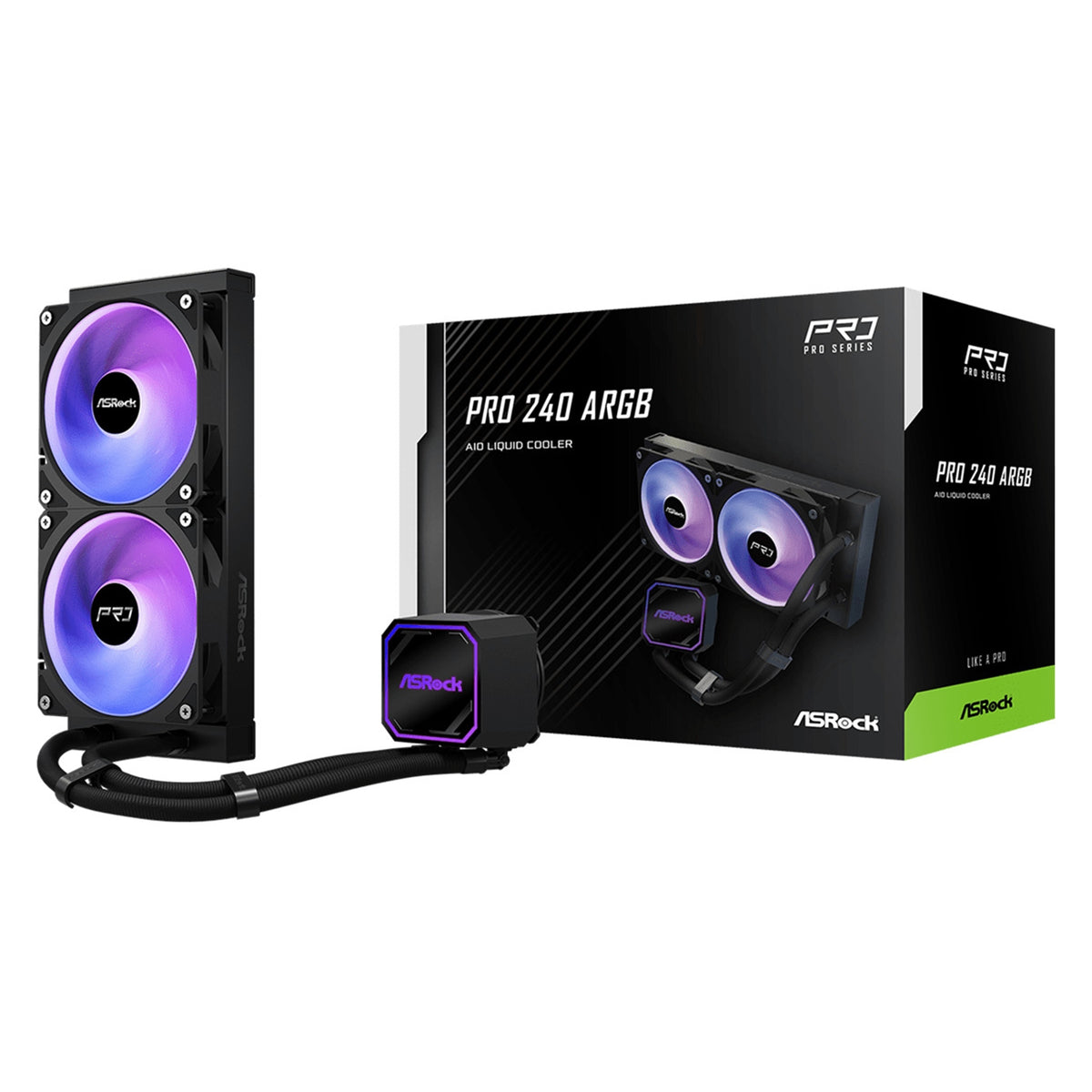 ASRock Pro 240 ARGB AIO Liquid CPU Cooler, 240mm Radiator, Dual 120mm PWM Fans, Addressable RGB, Intel LGA1700/1851 & AMD AM5/AM4 Compatible