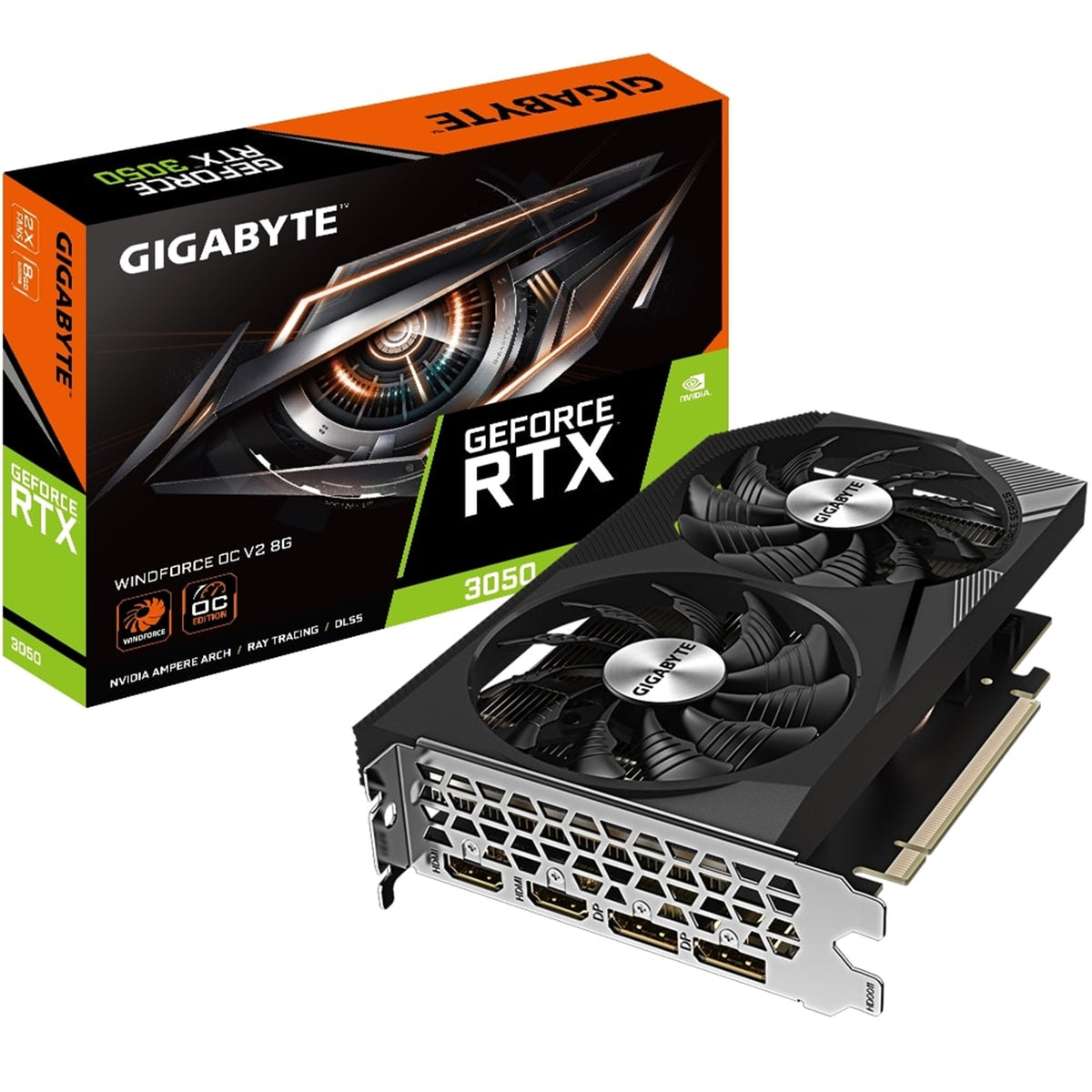 Gigabyte NVIDIA GeForce RTX 3050 WINDFORCE OC V2 8GB GDDR6 Graphics Card, 2560 CUDA Cores, 1792 MHz Core Clock, Dual Fan, 2x DisplayPorts / 2x HDMI Ports