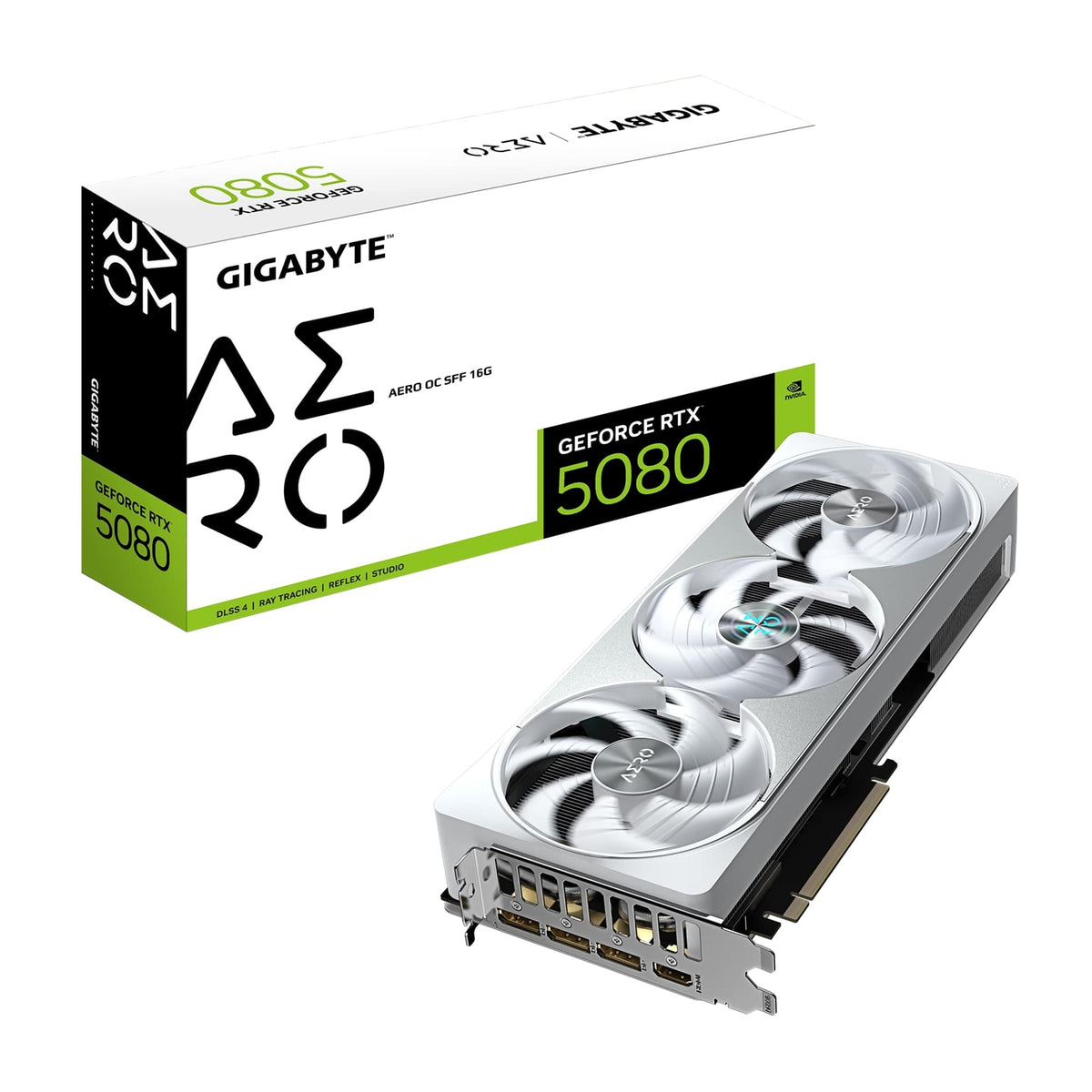 Gigabyte NVIDIA GeForce RTX 5080 AERO OC SFF 16GB GDDR7 Graphics Card, 10752 CUDA Cores, 2730 MHz Core Clock, Triple Fan, White, RGB, 3x DisplayPorts / 1x HDMI Port