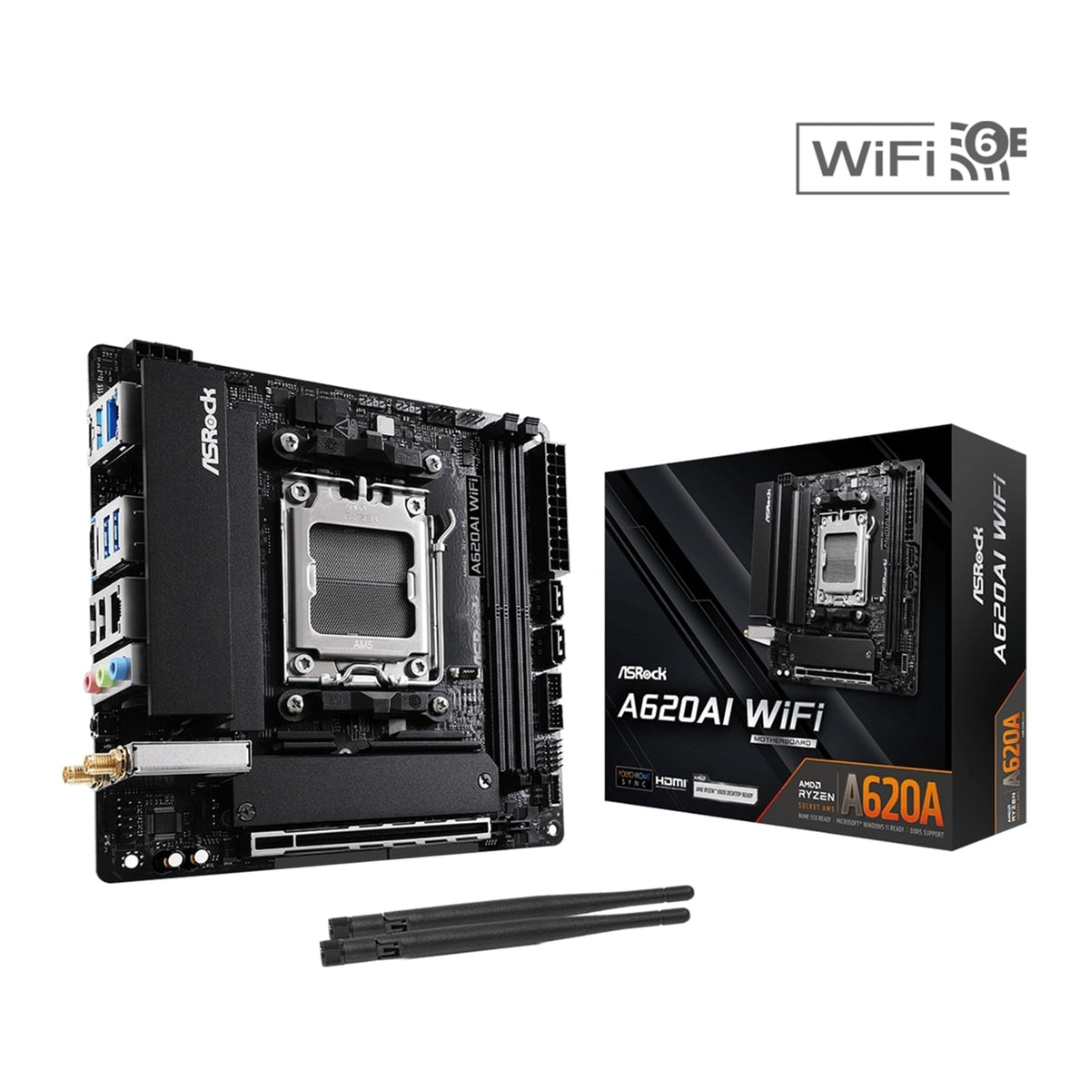 ASRock A620AI WIFI AMD AM5 Socket Motherboard, Mini-ITX, 2x DDR5 Slots, 2x M.2 Sockets, 2.5GbE LAN, Wi-Fi 6E, 1x HDMI Port