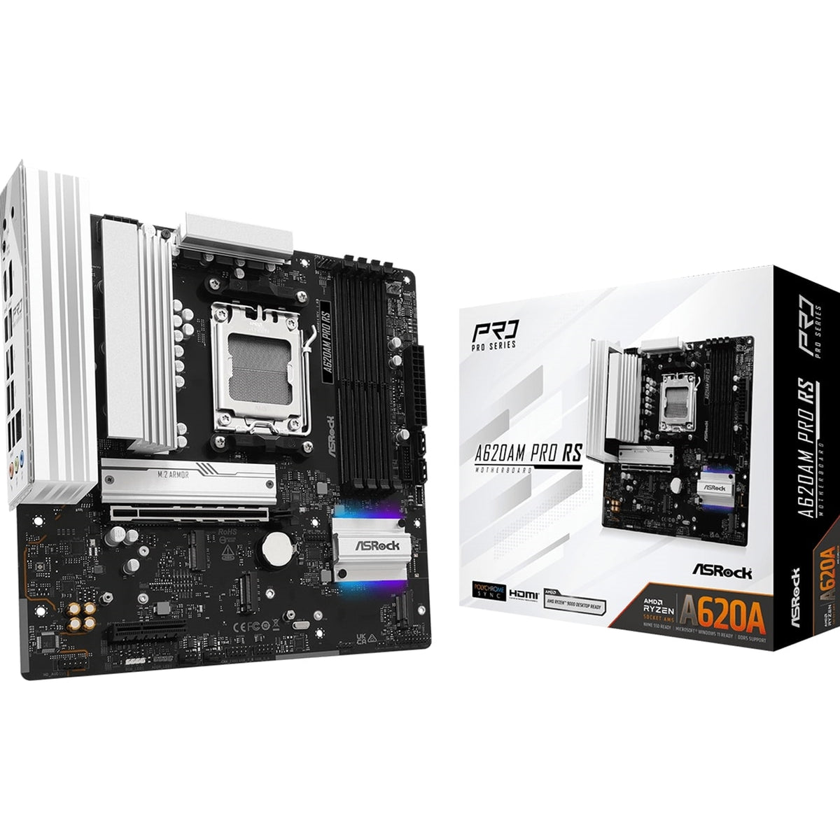 ASRock A620AM PRO RS AMD AM5 Socket Motherboard, Micro-ATX, 4x DDR5 Slots, 3x M.2 Sockets, 2.5GbE LAN, 1x HDMI Port / 1x DisplayPort