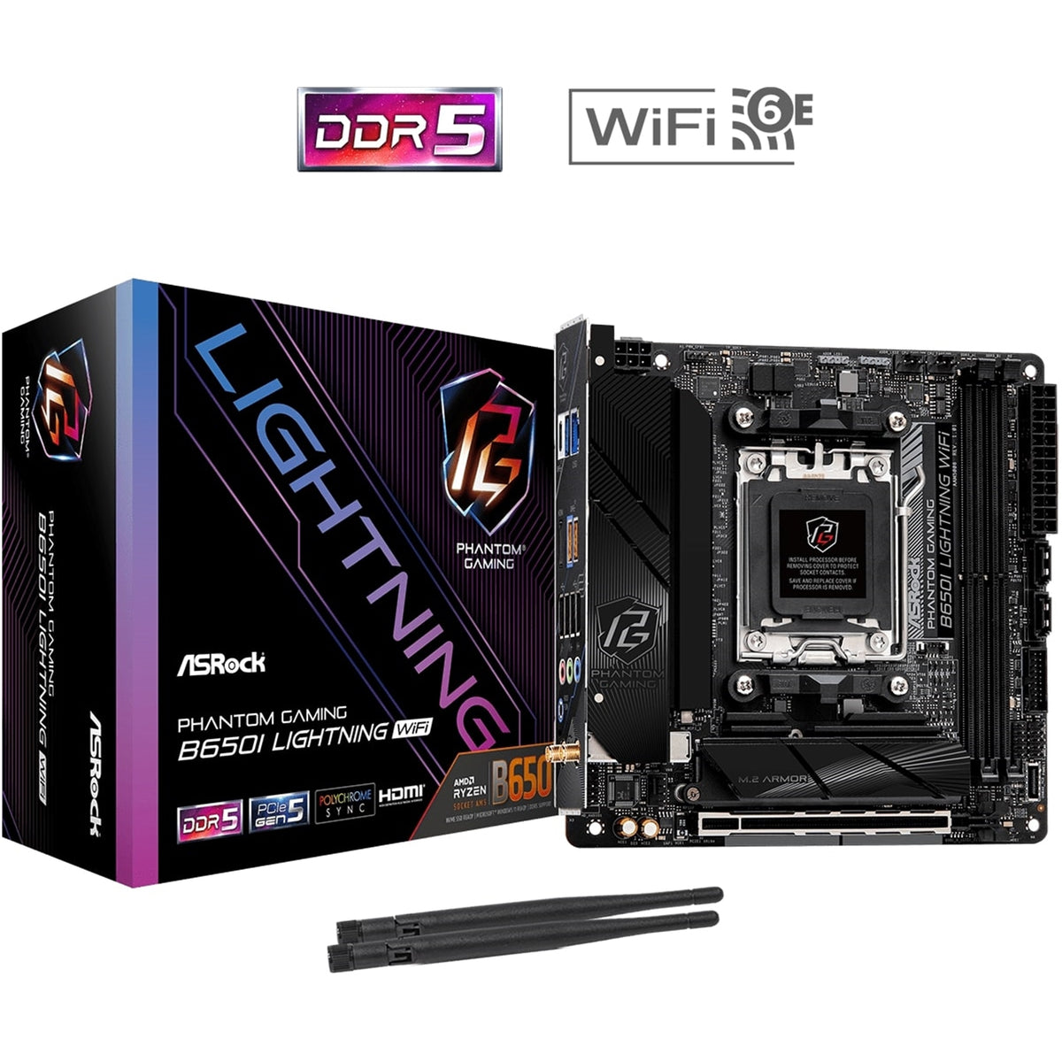 ASRock B650I LIGHTNING WIFI AMD AM5 Socket Motherboard, Mini-ITX, 2x DDR5 Slots, 2x M.2 Sockets, Fitted I/O Shield, 2.5GbE LAN, Wi-Fi 6E, 1x HDMI Port