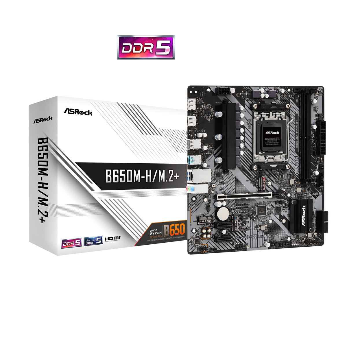 ASRock B650M-H/M.2+ AMD AM5 Socket Motherboard, Micro-ATX, 2x DDR5 Slots, 2x M.2 Sockets, GbE LAN, 1x DisplayPort / 1x HDMI Port
