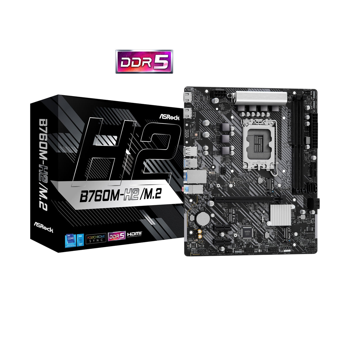 ASRock B760M-H2/M.2 Intel 1700 Socket Motherboard, Micro-ATX, 2x DDR5 Slots, 2x M.2 Sockets, 2.5GbE LAN, 2x HDMI Ports