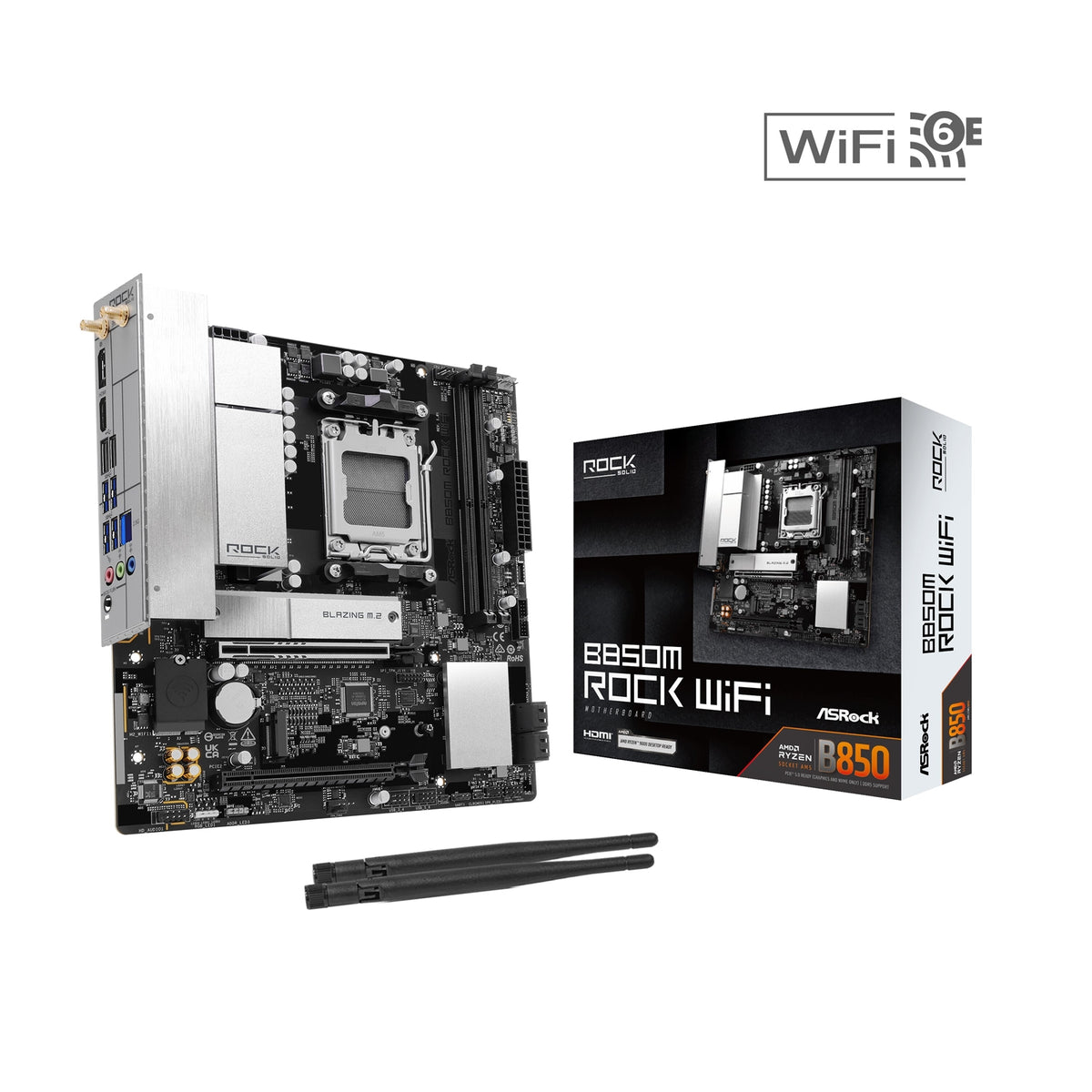 ASRock B850M Rock WiFi AMD AM5 Socket Motherboard, Micro-ATX, 2x DDR5 Slots, 2x M.2 Sockets, Fitted I/O Shield, 2.5GbE LAN, Wi-Fi 6E, 1x DisplayPort / 1x HDMI Port