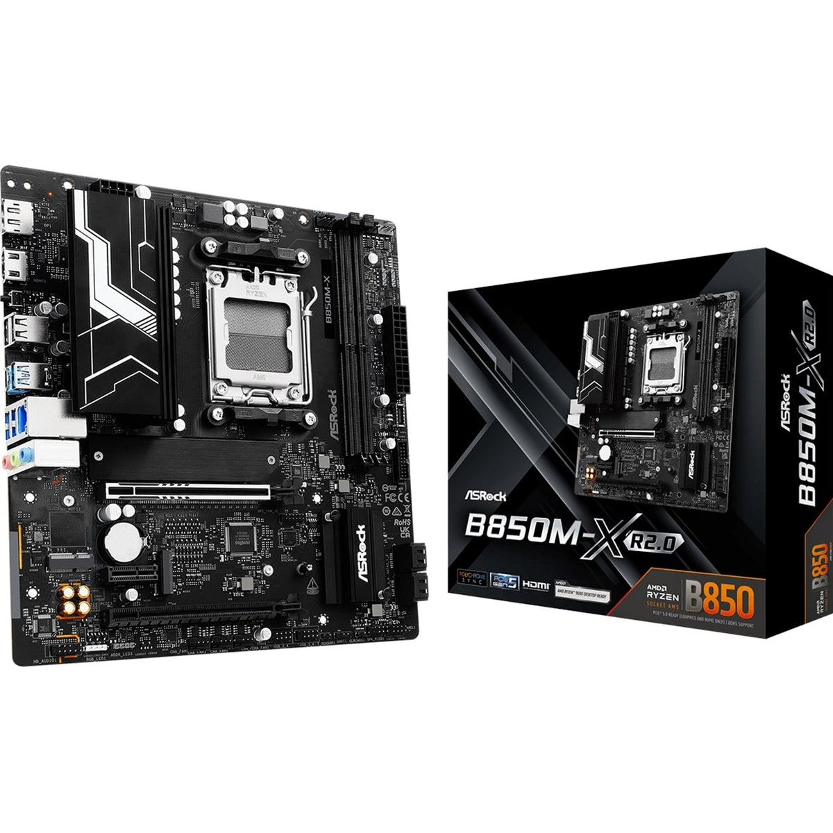 ASRock B850M-X R2.0 AMD AM5 Socket Motherboard, Micro-ATX, 2x DDR5 Slots, 2x M.2 Sockets, 2.5GbE LAN, 1x DisplayPort / 1x HDMI Port