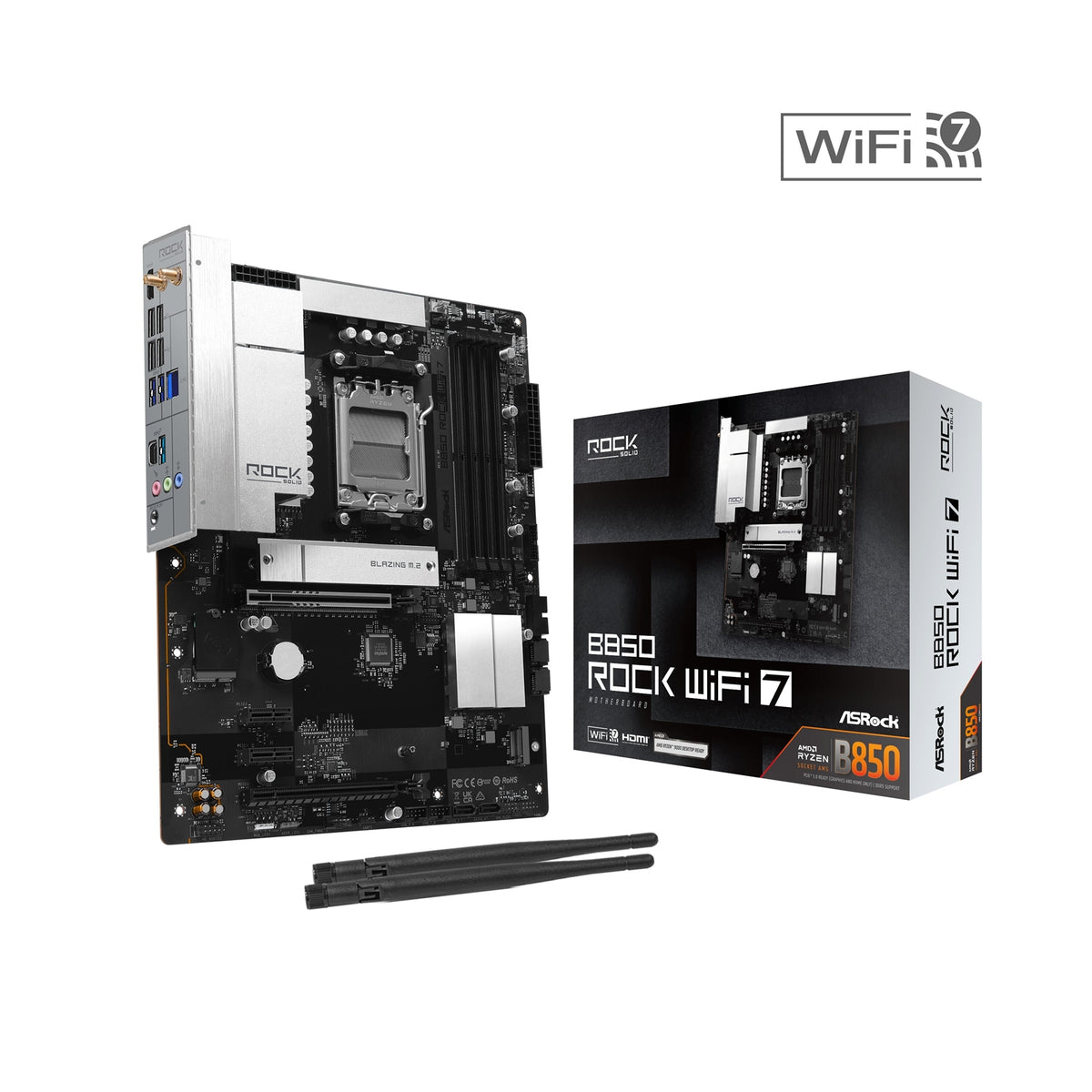 ASRock B850 Rock WiFi 7 AMD AM5 Socket Motherboard, ATX, 4x DDR5 Slots, 2x M.2 Sockets, Fitted I/O Shield, 2.5GbE LAN, Wi-Fi 7, 1x HDMI Port