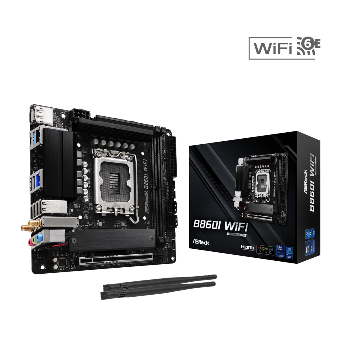 ASRock B860I WiFi Intel 1851 Socket Motherboard, Mini-ITX, 2x DDR5 Slots, 2x M.2 Sockets, 2.5GbE + 1GbE LAN, Wi-Fi 6E, 1x DisplayPort / 1x HDMI Port