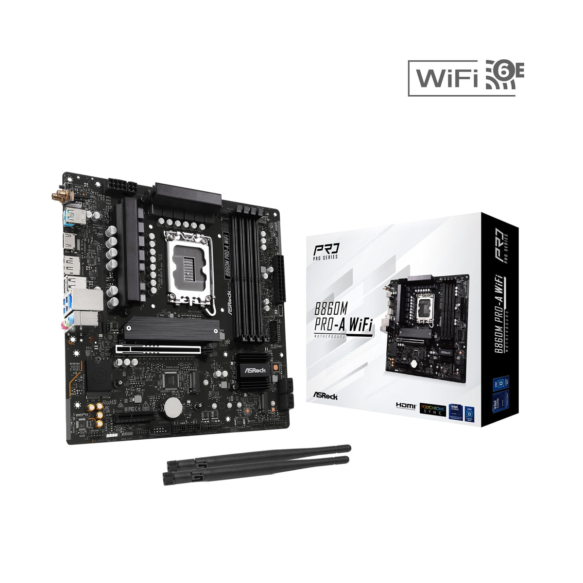 ASRock B860M Pro-A WiFi Intel 1851 Socket Motherboard, Micro-ATX, 4x DDR5 Slots, 3x M.2 Sockets, 2x USB-C Port, 2.5GbE LAN, Wi-Fi 6E, 1x DisplayPort / 1x HDMI Port