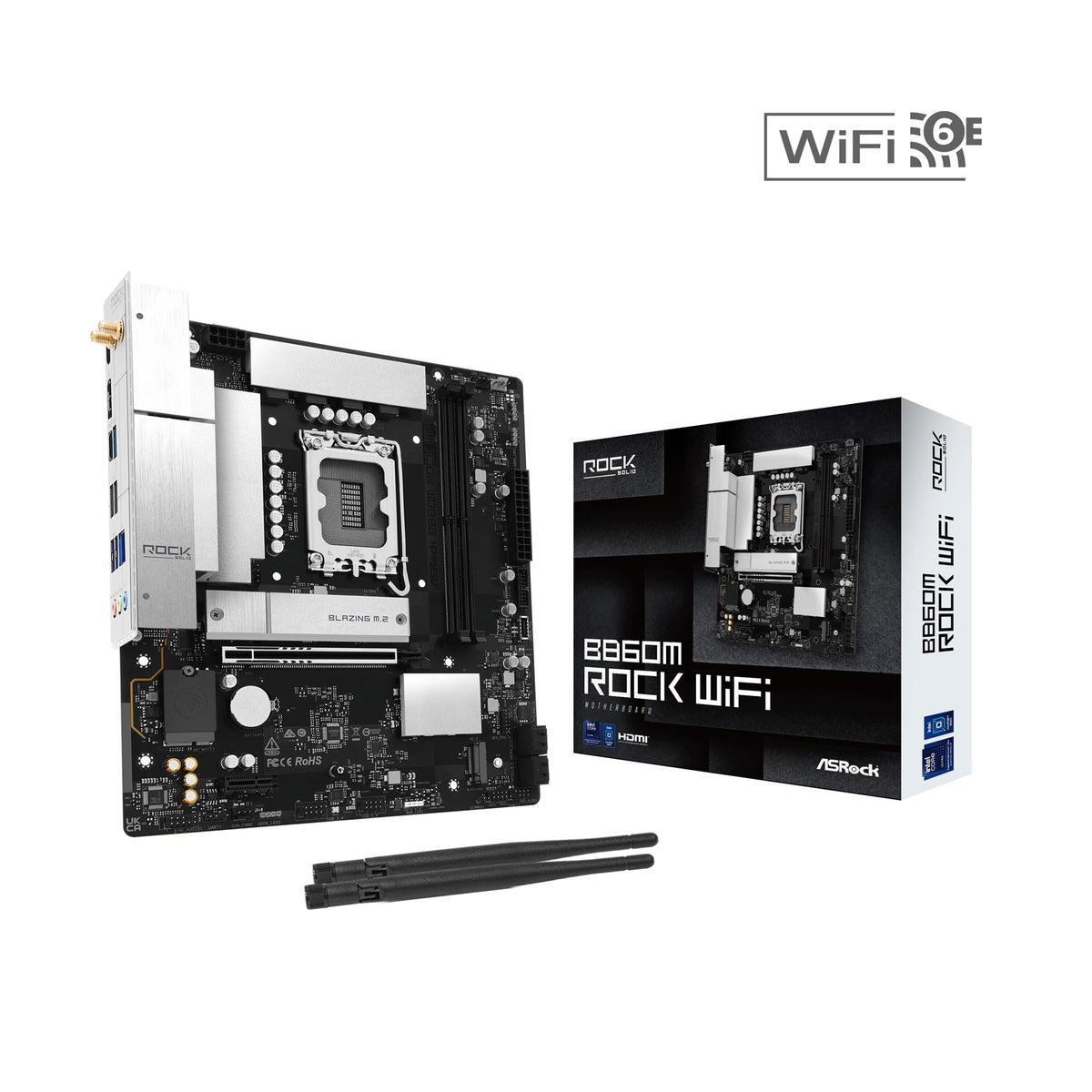 ASRock B860M Rock WiFi Intel 1851 Socket Motherboard, Micro-ATX, 2x DDR5 Slots, 2x M.2 Socket, Fitted I/O Shield, 2.5GbE LAN, Wi-Fi 6E, 1x DisplayPort / 1x HDMI Port