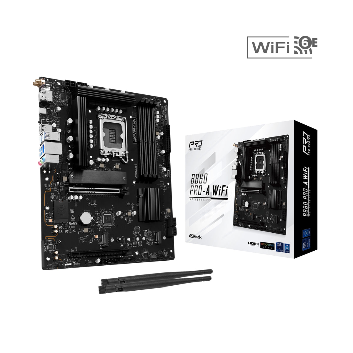 ASRock B860 Pro-A WiFi Intel 1851 Socket Motherboard, ATX, 4x DDR5 Slots, 3x M.2 Sockets, 2.5GbE LAN, Wi-Fi 6E, 1x DisplayPort / 1x HDMI Port