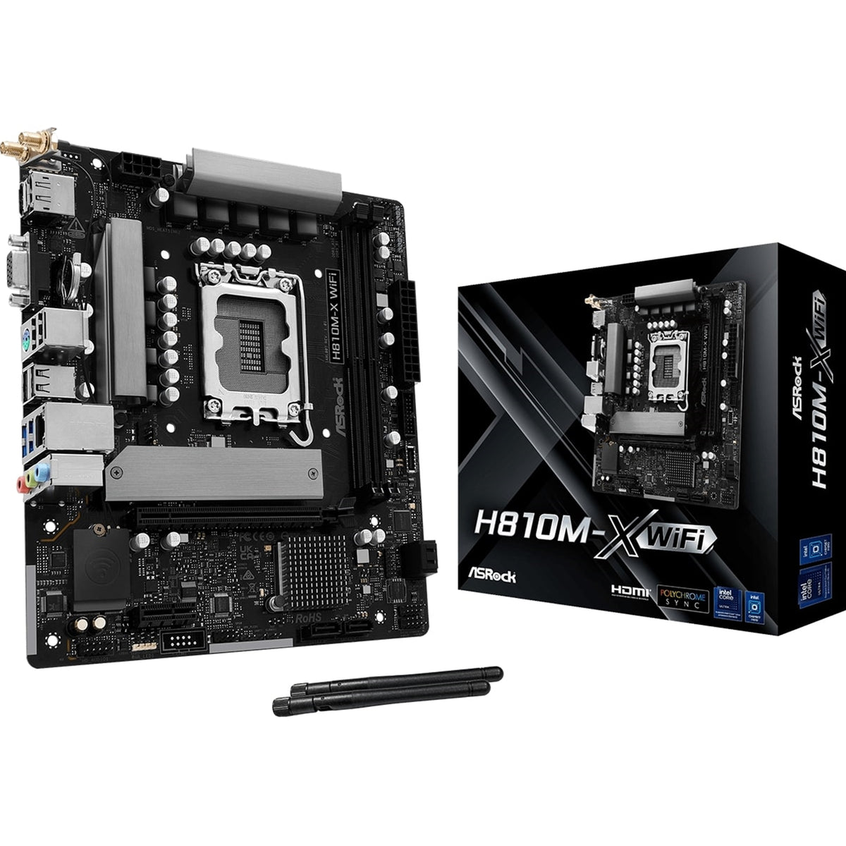 ASRock H810M-X WIFI Intel 1851 Socket Motherboard, Micro-ATX, 2x DDR5 DIMM Slots, 1x M.2 Socket, 2.5GbE LAN, Wi-Fi 5, 1x HDMI Port / 1x DisplayPort