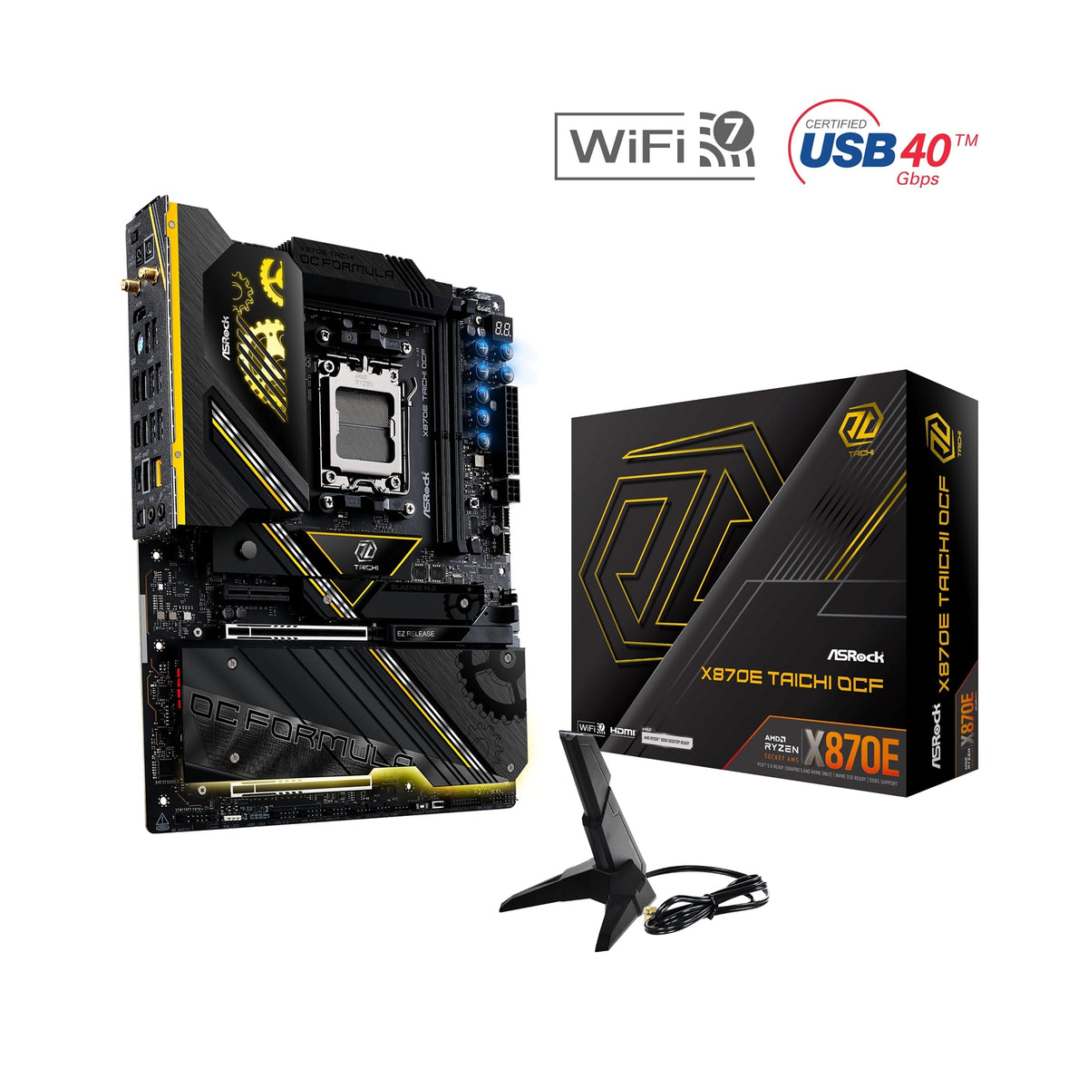 ASRock X870E TAICHI OCF AMD AM5 Socket Motherboard, ATX, 2x DDR5 Slots, 6x M.2 Sockets, Fitted I/O Shield, 5GbE LAN, Wi-Fi 7, 1x HDMI Port