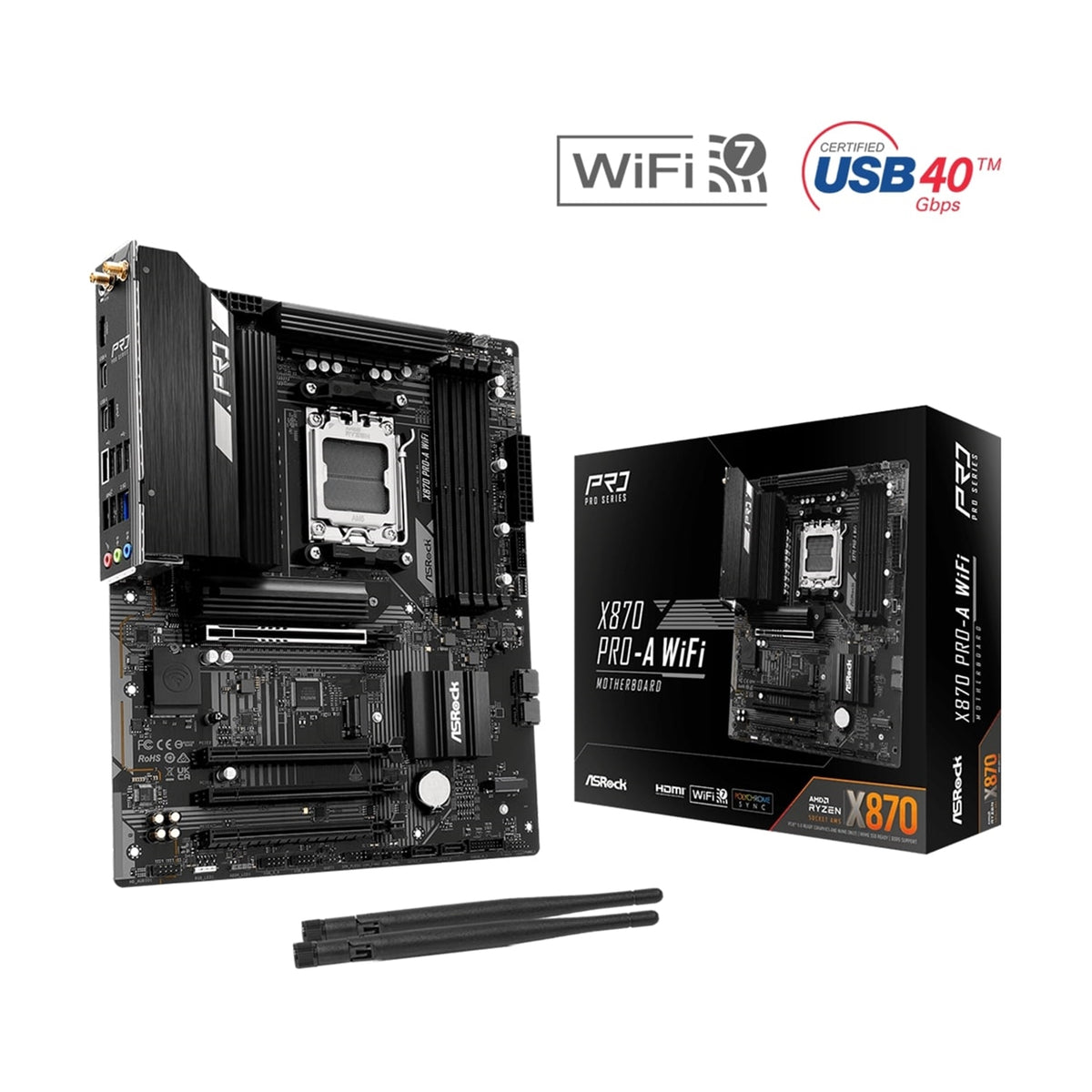 ASRock X870 Pro-A WiFi AMD AM5 Socket Motherboard, ATX, 4x DDR5 Slots, 3x M.2 Sockets, 2.5GbE LAN, Wi-Fi 7, 1x HDMI Port / 2x USB-C (USB4)