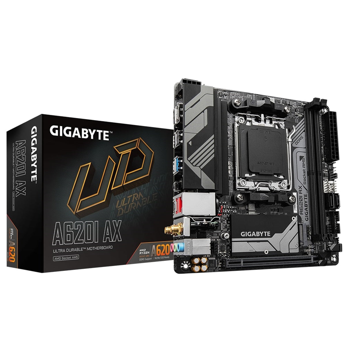 Gigabyte A620I AX (Rev. 1.0) AMD AM5 Socket Motherboard, Mini-ITX, 2x DDR5 Slots, 1x M.2 Socket, 2.5GbE LAN, Wi-Fi 6E, 1x DisplayPort / 1x HDMI Port