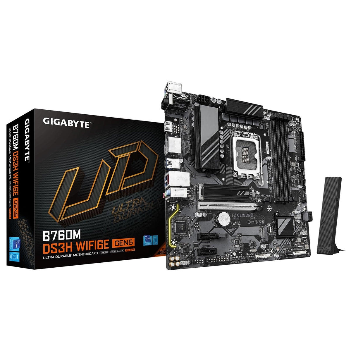 Gigabyte B760M DS3H WIFI6E GEN5 Intel 1700 Socket Motherboard, Micro-ATX, 4x DDR5 Slots, 2x M.2 Sockets, 2.5GbE LAN, Wi-Fi 6E, 1x HDMI Port / 2x DisplayPorts