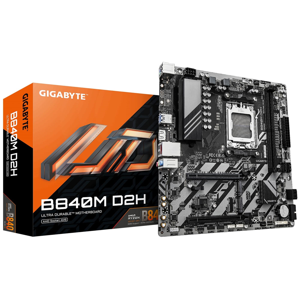 Gigabyte B840M D2H AMD AM5 Socket Motherboard, Micro-ATX, 2x DDR5 Slots, 2x M.2 Sockets, 2.5GbE LAN, 1x HDMI Port