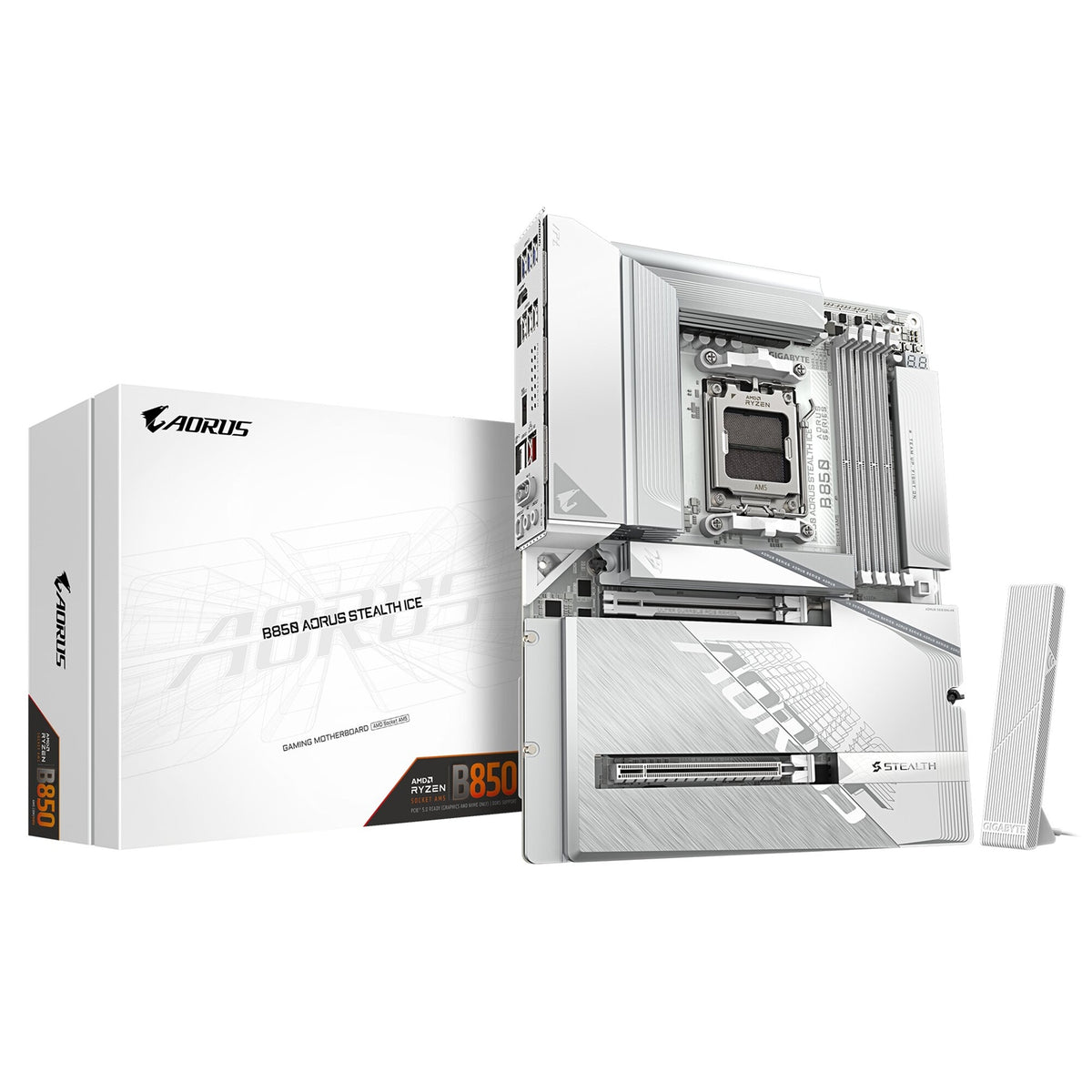 Gigabyte B850 AORUS STEALTH ICE AMD AM5 Socket Motherboard, ATX, 4x DDR5 Slots, 4x M.2 Sockets, Fitted I/O Shield, 5GbE LAN, Wi-Fi 7, 1x HDMI Port