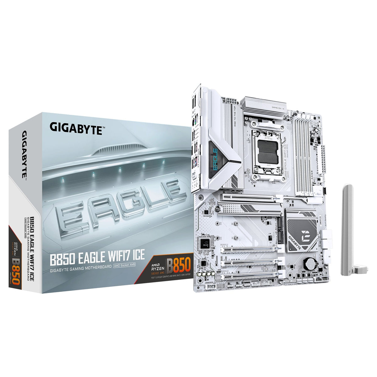 Gigabyte B850 EAGLE WIFI7 ICE AMD AM5 Socket Motherboard, ATX, 4x DDR5 Slots, 3x M.2 Sockets, Fitted I/O Shield, 2.5GbE LAN, Wi-Fi 7, 1x DisplayPort / 1x HDMI Port