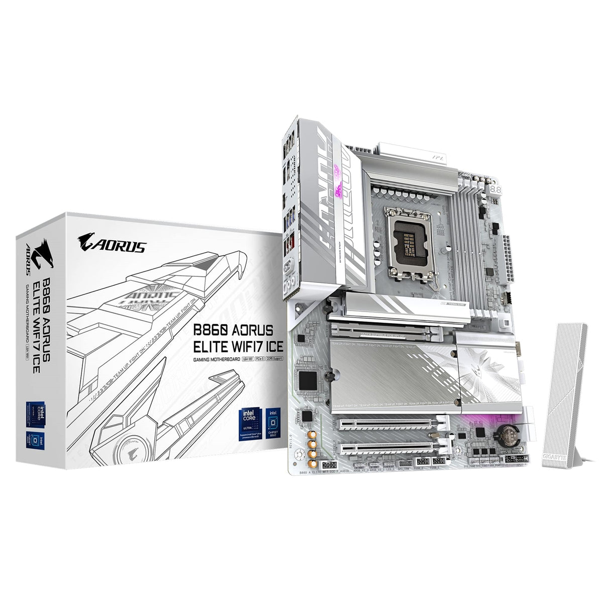 Gigabyte B860 AORUS ELITE WIFI7 ICE Intel 1851 Socket Motherboard, ATX, 4x DDR5 Slots, 3x M.2 Sockets, Fitted I/O Shield, 2.5GbE LAN, Wi-Fi 7, 1x DisplayPort / 1x HDMI Ports / 1x USB-C (USB4)