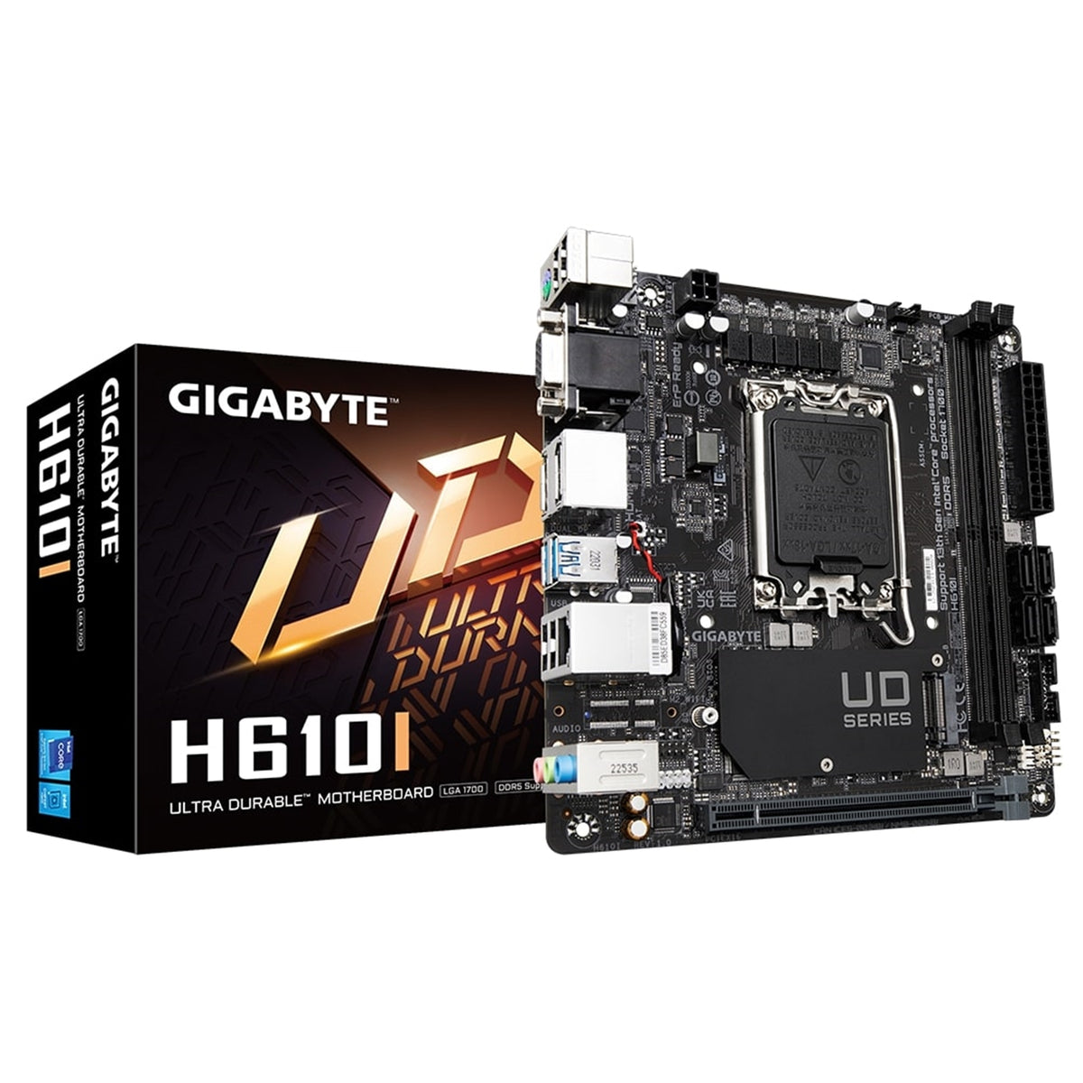 Gigabyte H610I Intel 1700 Socket Motherboard, Mini-ITX, 2x DDR5 Slots, 1x M.2 Socket, GbE LAN, 1x D-Sub / 2x DisplayPorts / 1x HDMI Port