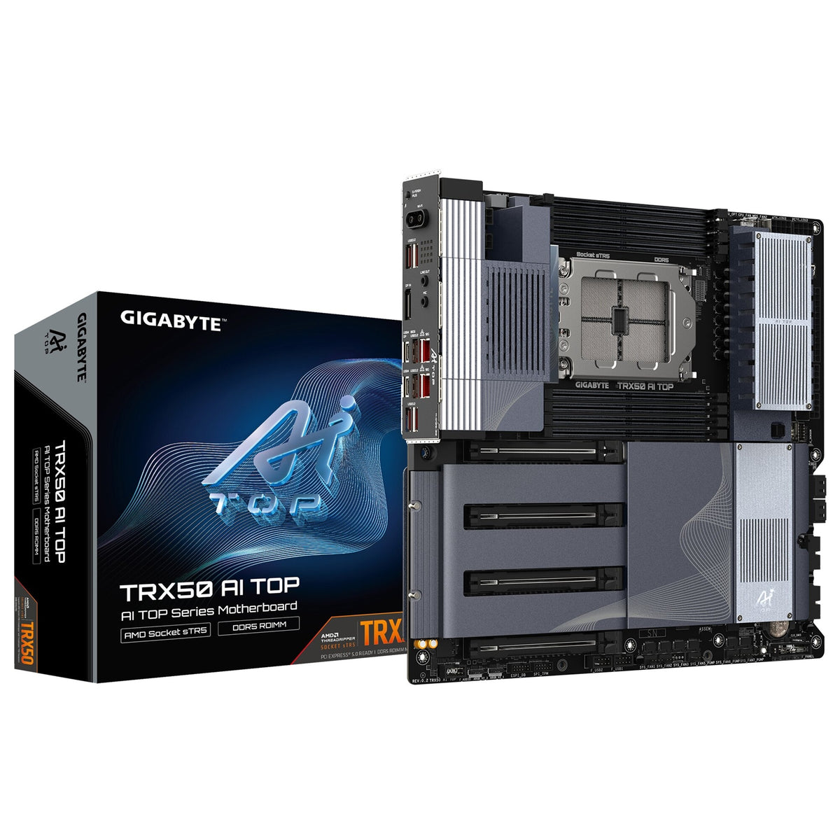 Gigabyte TRX50 AI TOP-2B AMD sTR5 Socket Motherboard, E-ATX, 8x DDR5 Slots, 4x M.2 Sockets, Fitted I/O Shield, 2x 10GbE LAN, Wi-Fi 7, 1x DisplayPort / 1x USB-C (USB4)
