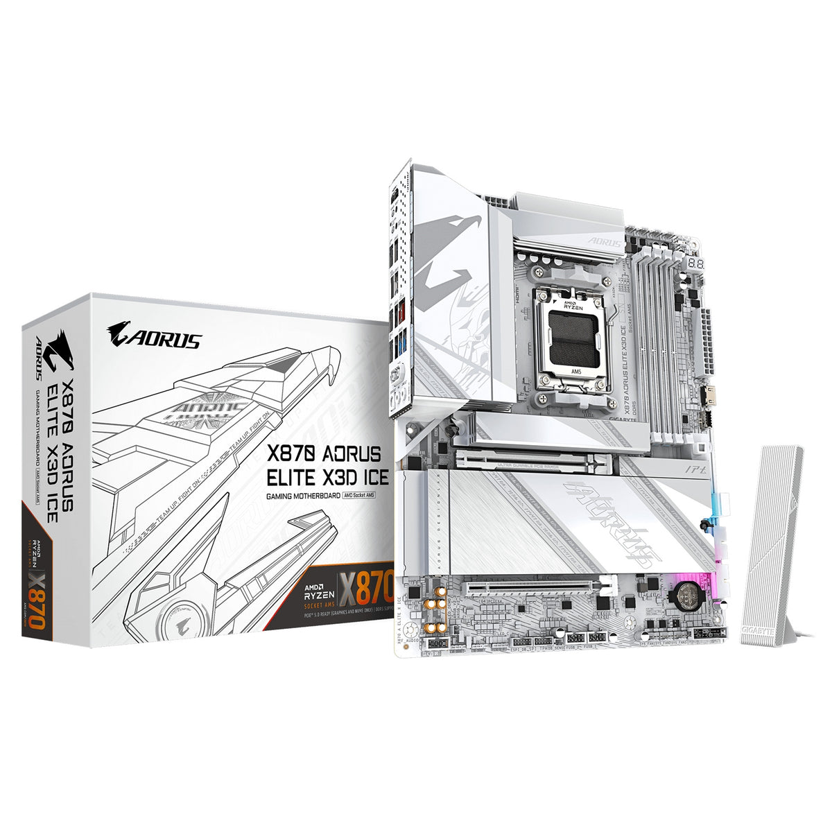 Gigabyte X870 AORUS ELITE X3D ICE AMD AM5 Socket Motherboard, ATX, 4x DDR5 Slots, 4x M.2 Sockets, 5GbE LAN, Wi-Fi 7, 1x HDMI Port / 2x USB-C (USB4)