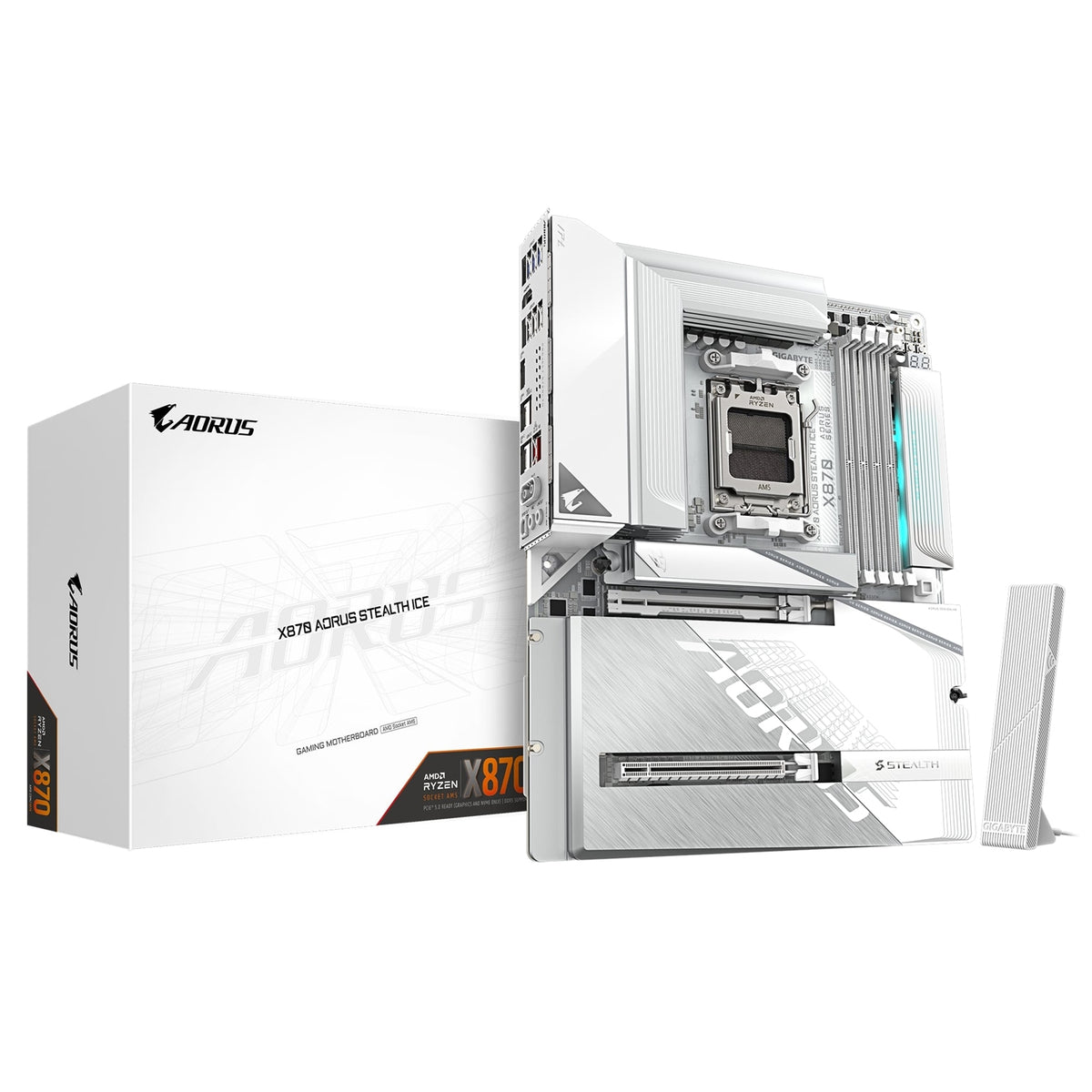 Gigabyte X870 AORUS STEALTH ICE AMD AM5 Socket Motherboard, ATX, 4x DDR5 Slots, 4x M.2 Sockets, 5GbE LAN, Wi-Fi 7, 1x HDMI Port / 2x USB-C (USB4)