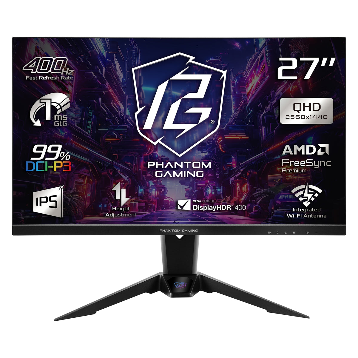 ASRock Phantom Gaming PG27QFW2A 27 Inch QHD (2560 x 1440) IPS Gaming Monitor, 400Hz 1ms (MPRT) Response Time, 2 x HDMI 2.0, 1 x DisplayPort 1.4, Height Adjustable