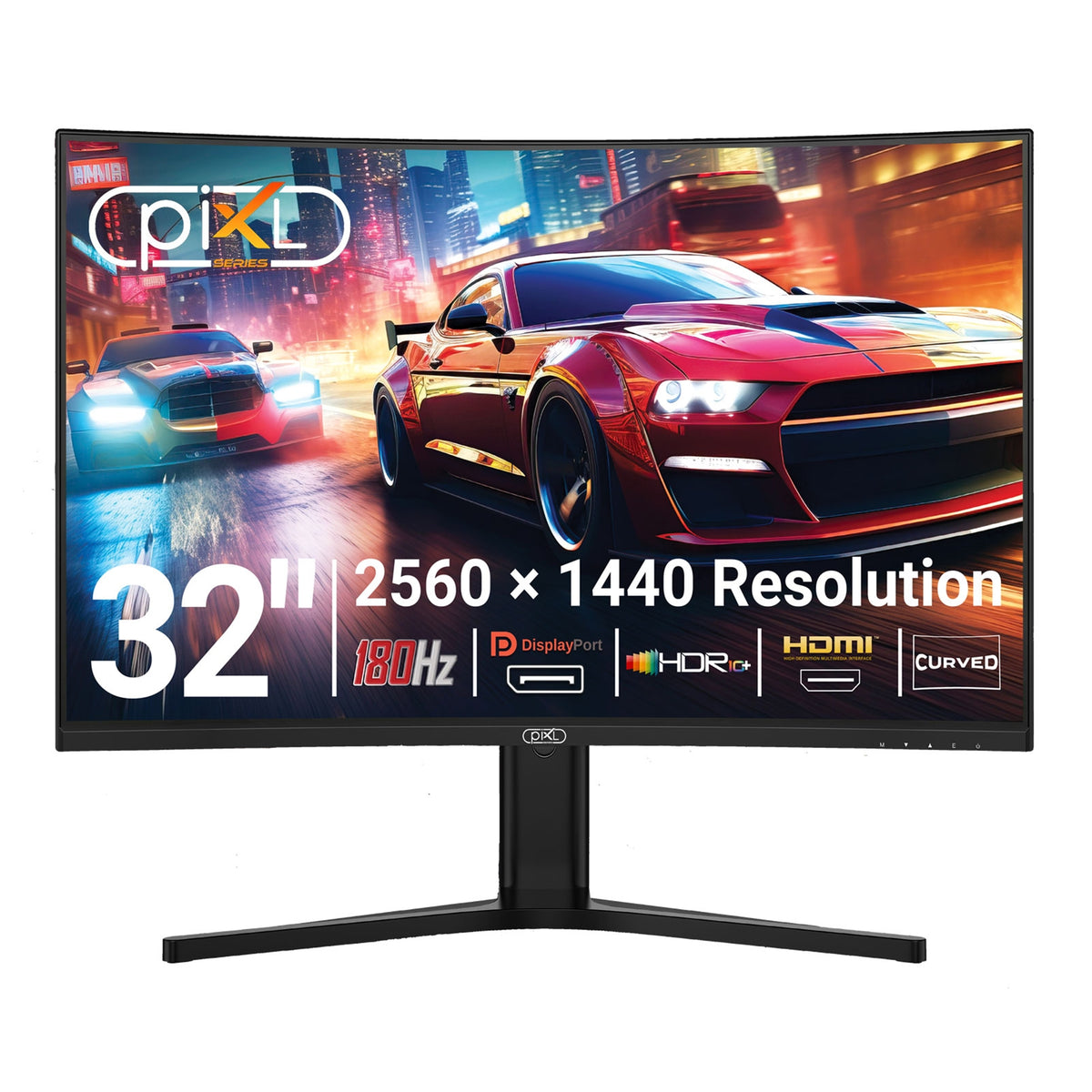 piXL X-Series GS32QIDPHA 32 Inch QHD VA, Curved (1500R) Gaming Monitor with 180Hz Refresh Rate, 2560 x 1440 Resolution, 1ms Response Time, HDR10+, Adaptive Sync, 2x HDMI 2.1 & 2x DisplayPort 1.4, Height Adjustable