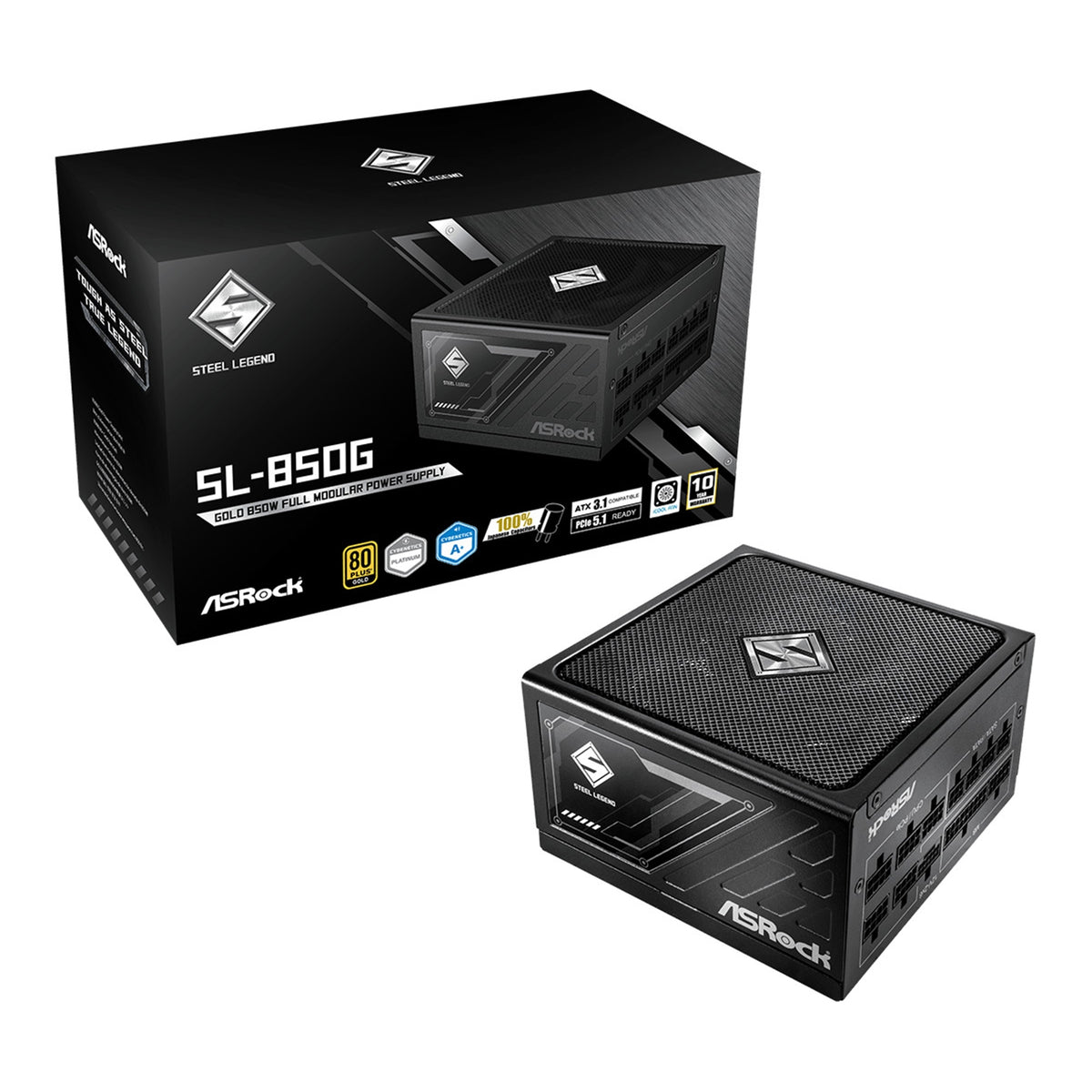 ASRock Steel Legend SL-850G 850W ATX Power Supply Unit, 80 Plus Gold Certified, 120mm Silent Cooling Fan, High Efficiency PSU