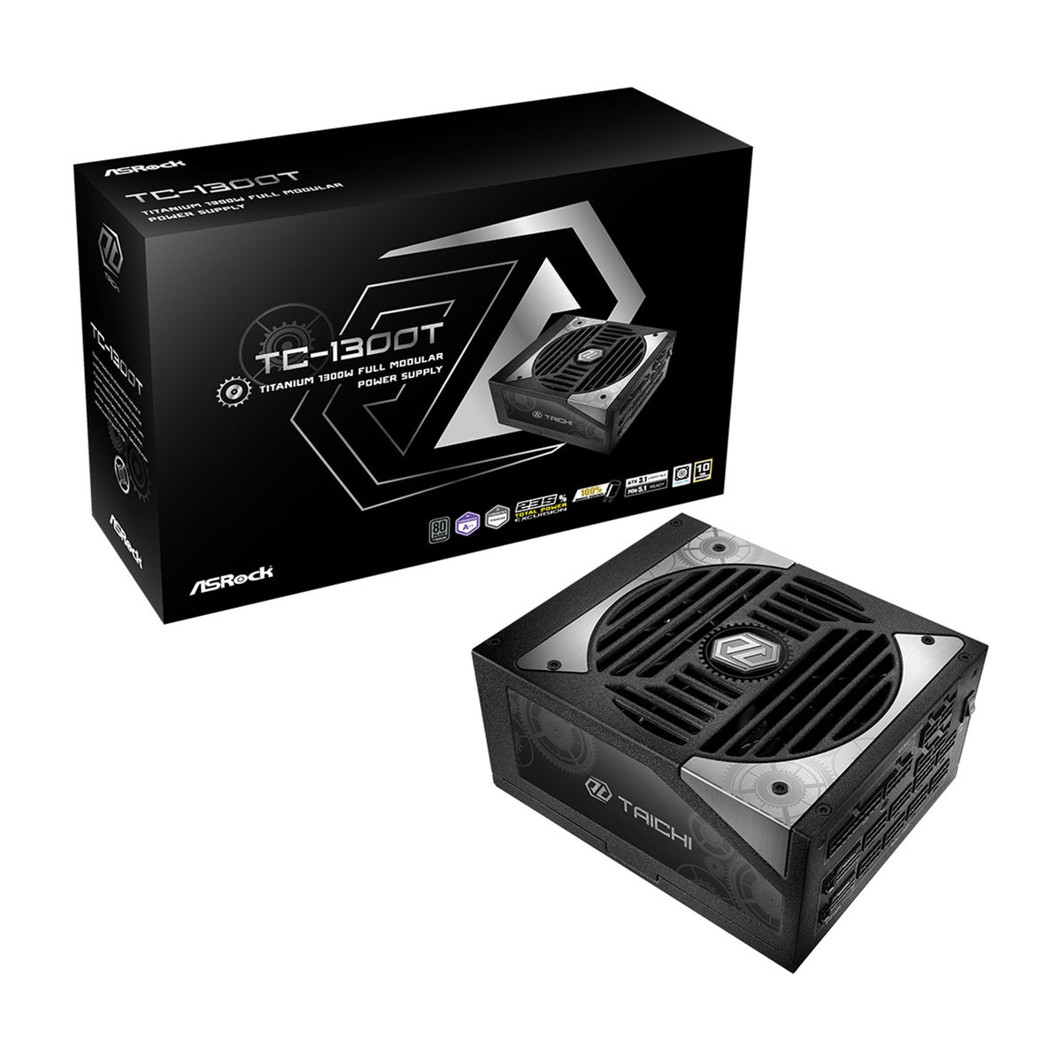 ASRock TC-1300T 1300W ATX, Power Supply Unit, 80 PLUS TITANIUM Certified. 135mm Striped Axial FDB Fan, High Efficiency PSU